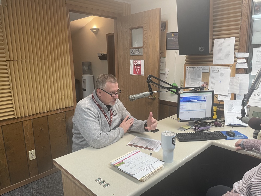 CPS Superintendent Dr. Troy Loeffelholz sits with KLIR morning radio host Rylie Spencer in their Columbus, NE studios.