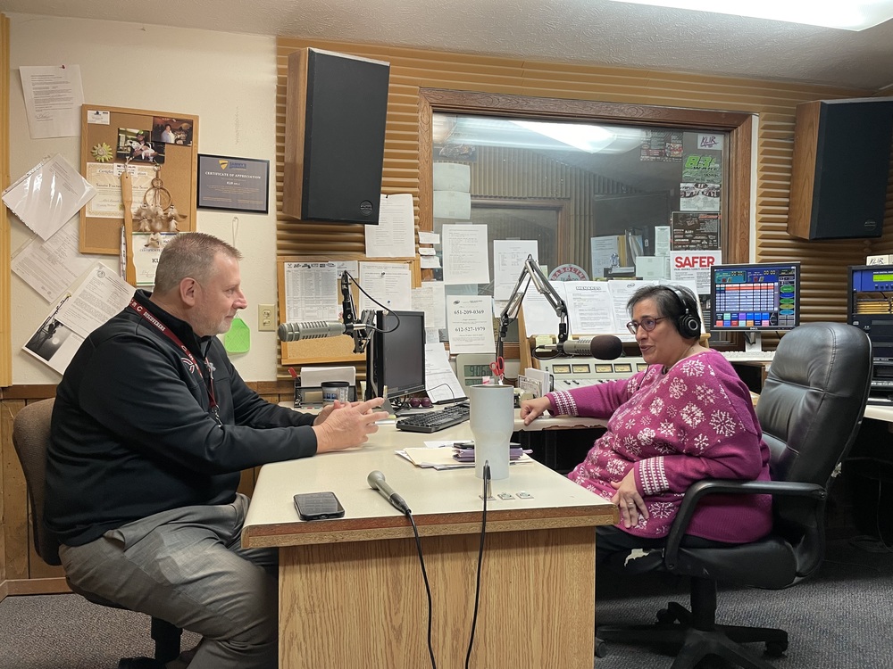 CPS Superintendent Dr. Troy Loeffelholz sits with KLIR morning radio host in their Columbus, NE studios.
