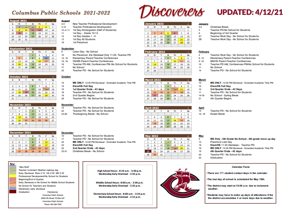 CPS Updated Calendar as of 4/12/2022